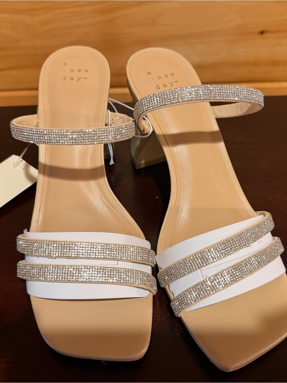 NWT a new day White and Nude Rhinestone Strap Block Heel Sandals